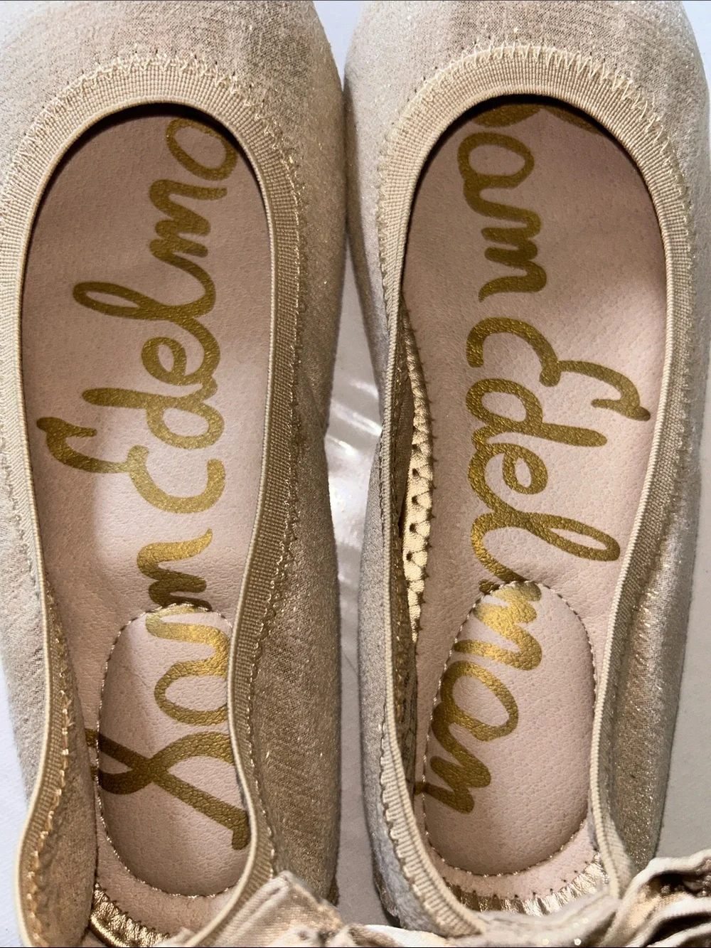 Sam Edelman Felisha Champagne Glitter Ballet Flats with Bow Accent